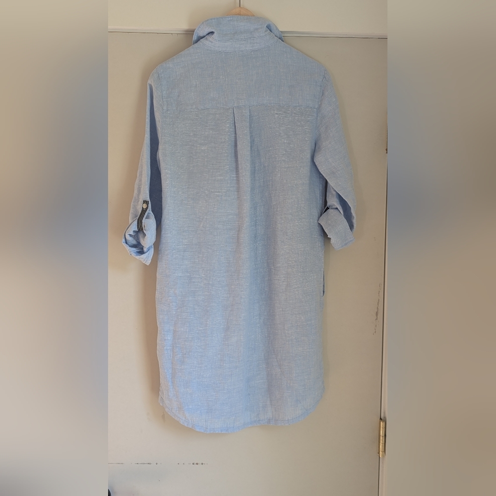 C&C CALIFORNIA Blue Linen Roll Tab Sleeve Contrast Inner Line Shirt Dress Sz XS - Picture 11 of 11